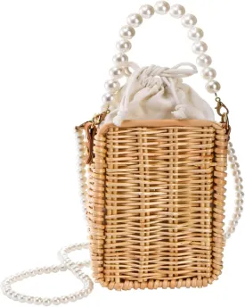 Pearl Basket Purse, Handwoven Rattan Beach Bag For Women, Rectangular Wicker Handbag, Vintage Summer Straw Tote Bag