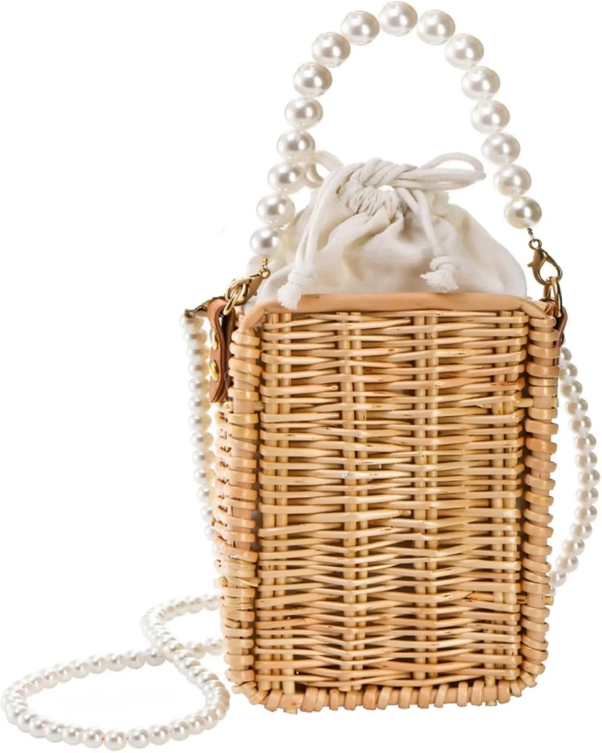 Pearl Basket Purse, Handwoven Rattan Beach Bag For Women, Rectangular Wicker Handbag, Vintage Summer Straw Tote Bag