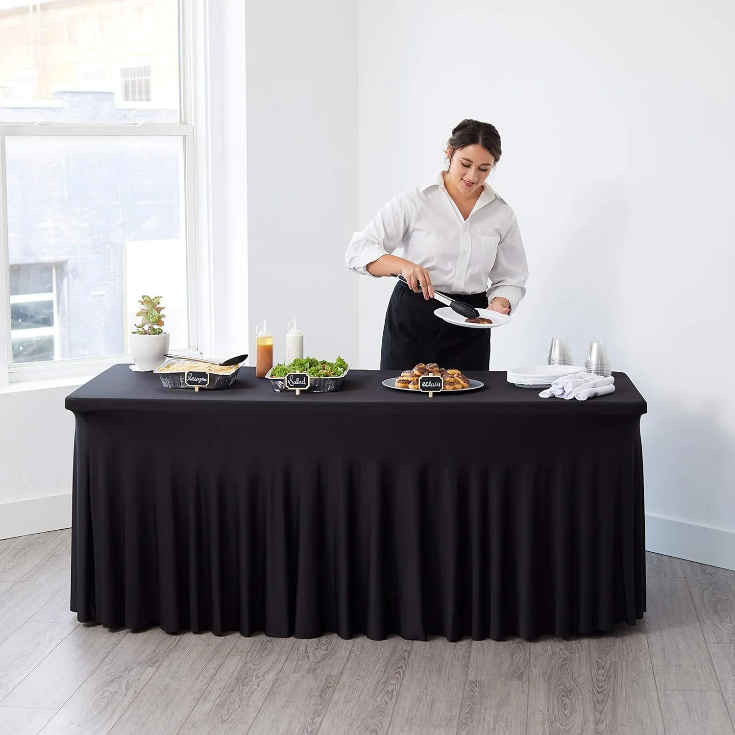 Perfect Memories Premium 6ft Spandex Fitted Tablecloth Table Skirt (Black) - One-Piece, Wrinkle-Resistant Ruffles Installs in Seconds | Weddings, Banquets, Baby Showers, Parties, Events