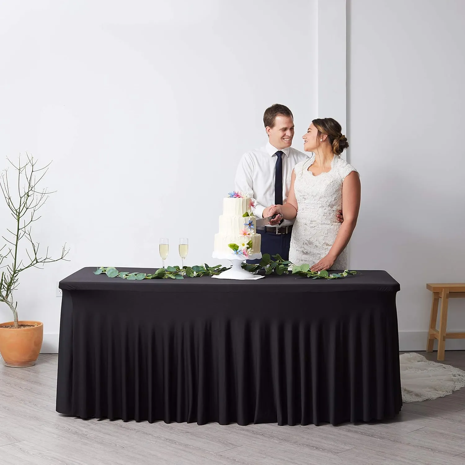 Perfect Memories Premium 6ft Spandex Fitted Tablecloth Table Skirt (Black) - One-Piece, Wrinkle-Resistant Ruffles Installs in Seconds | Weddings, Banquets, Baby Showers, Parties, Events