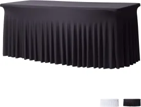 Perfect Memories Premium 6ft Spandex Fitted Tablecloth Table Skirt (Black) - One-Piece, Wrinkle-Resistant Ruffles Installs in Seconds | Weddings, Banquets, Baby Showers, Parties, Events