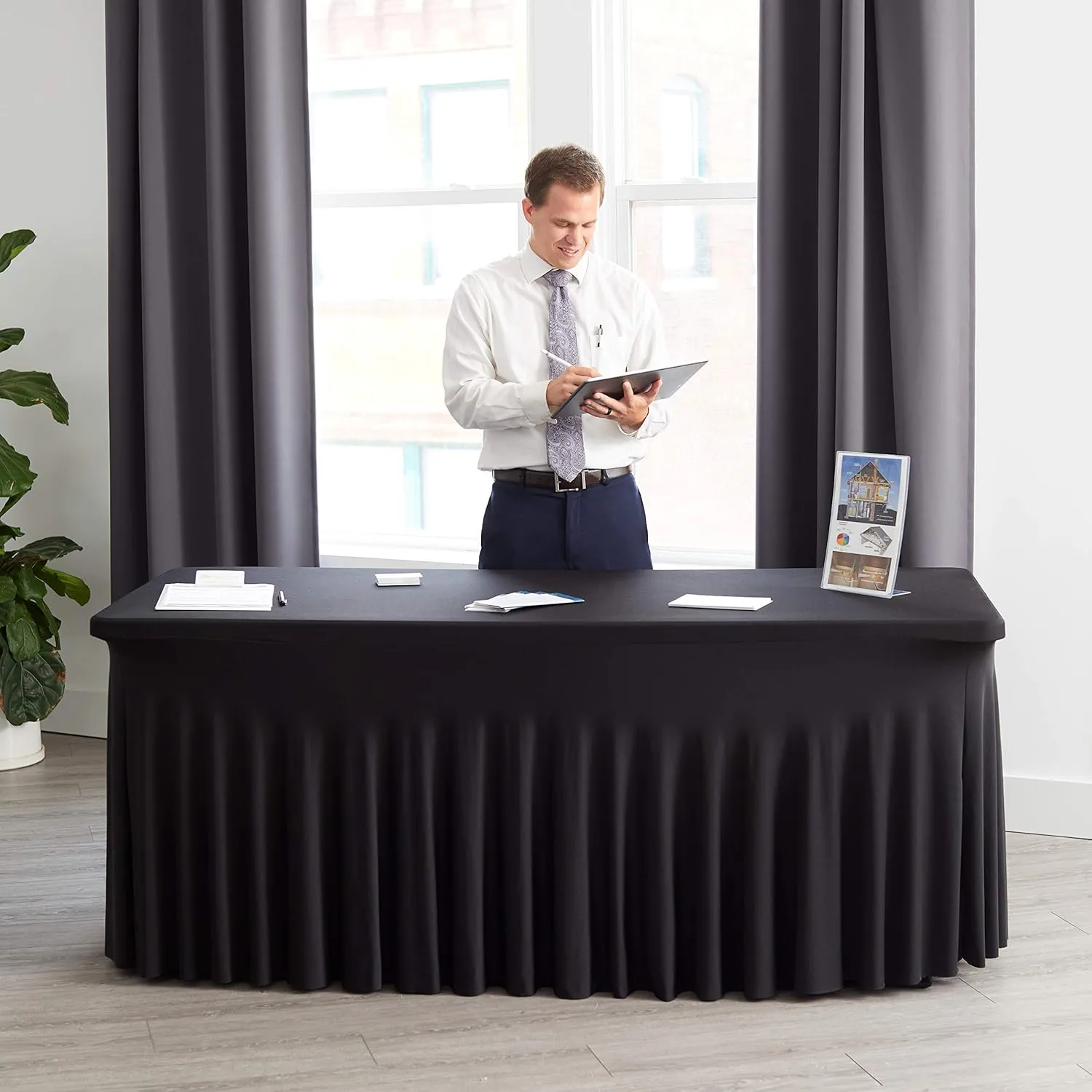 Perfect Memories Premium 6ft Spandex Fitted Tablecloth Table Skirt (Black) - One-Piece, Wrinkle-Resistant Ruffles Installs in Seconds | Weddings, Banquets, Baby Showers, Parties, Events