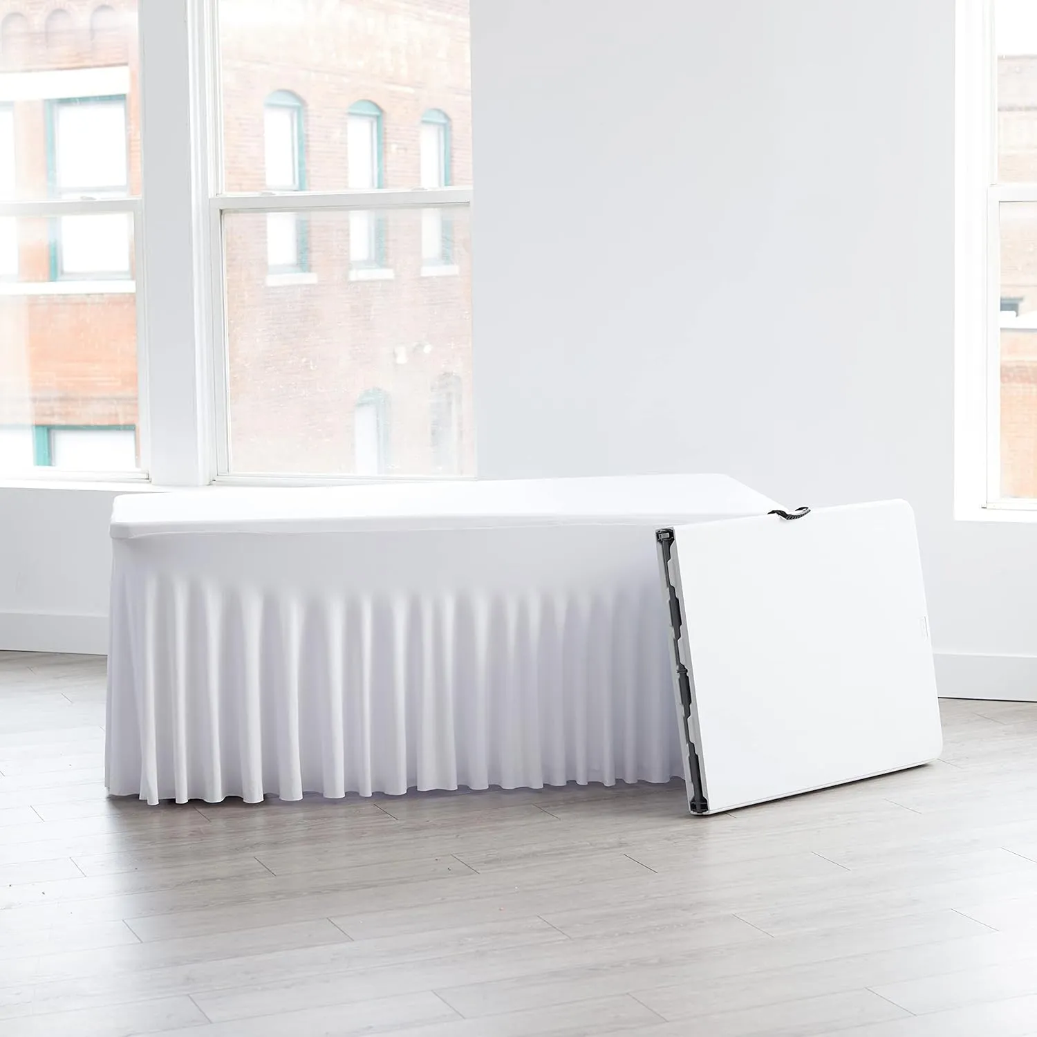 Perfect Memories Premium 6ft Spandex Fitted Tablecloth Table Skirt - One-Piece, Wrinkle-Resistant Ruffles Installs in Seconds | Weddings, Banquets, Baby Showers, Parties, Events (White, 4 Pack)
