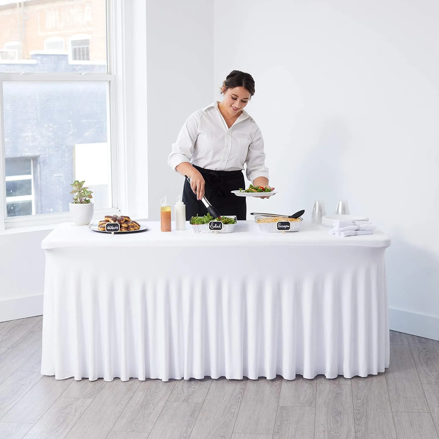 Perfect Memories Premium 6ft Spandex Fitted Tablecloth Table Skirt - One-Piece, Wrinkle-Resistant Ruffles Installs in Seconds | Weddings, Banquets, Baby Showers, Parties, Events (White, 4 Pack)