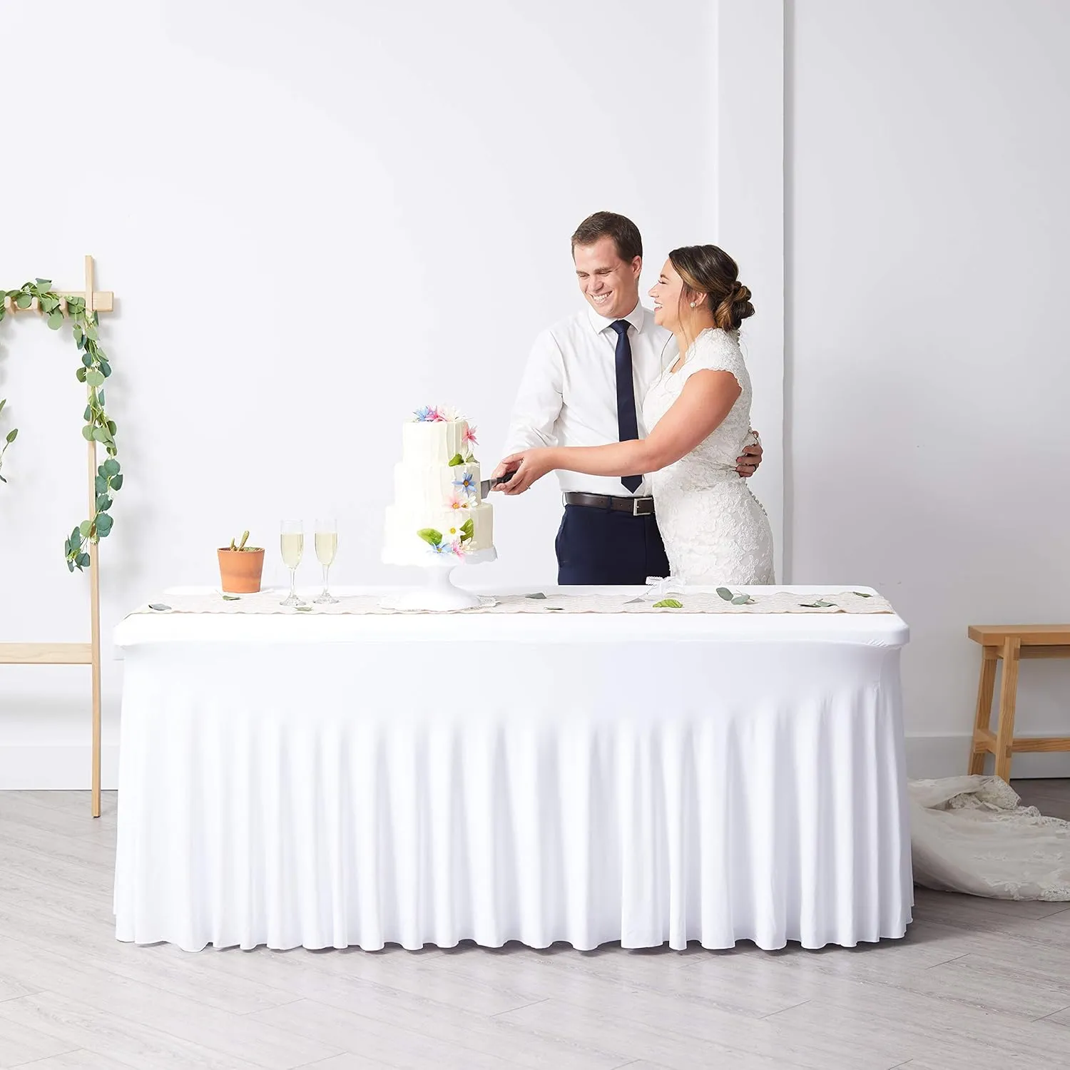 Perfect Memories Premium 6ft Spandex Fitted Tablecloth Table Skirt - One-Piece, Wrinkle-Resistant Ruffles Installs in Seconds | Weddings, Banquets, Baby Showers, Parties, Events (White, 4 Pack)