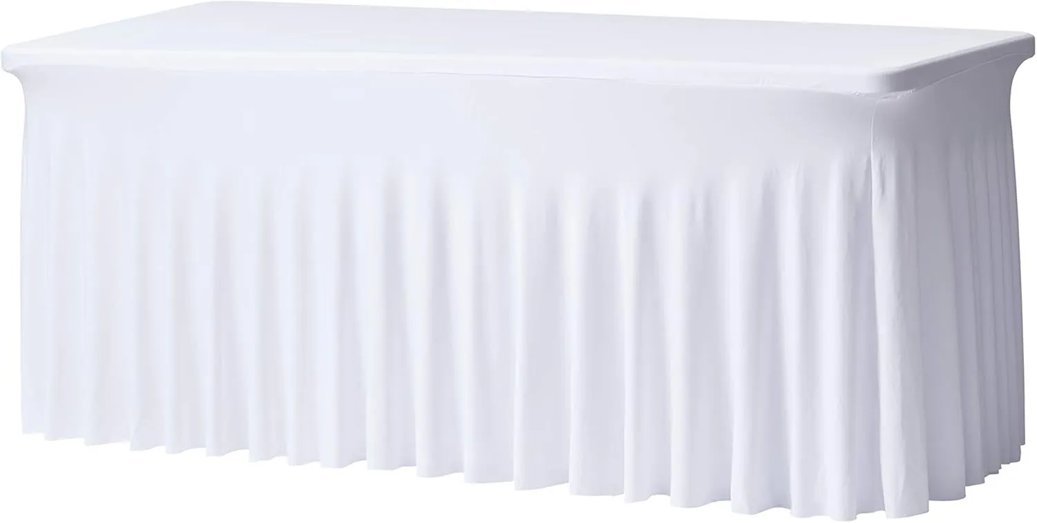 Perfect Memories Premium 6ft Spandex Fitted Tablecloth Table Skirt - One-Piece, Wrinkle-Resistant Ruffles Installs in Seconds | Weddings, Banquets, Baby Showers, Parties, Events (White, 4 Pack)