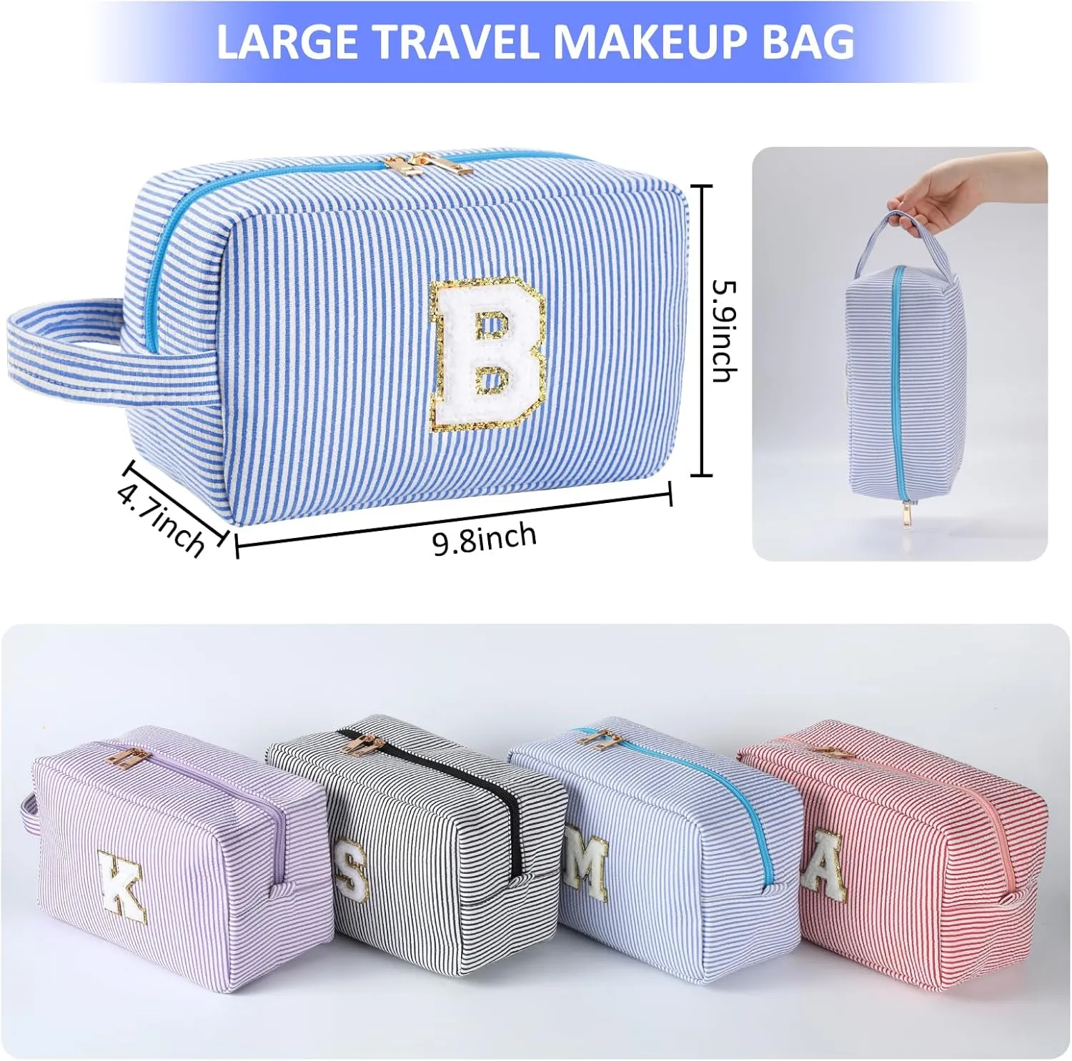 Personalized Initial Makeup Bag A-Z, Travel Toiletry Bag Preppy Make Up Bags Girls Cute Cosmetic Pouch Makeup Organizer Wedding Birthday Mothers Day Gifts for Women (Blue, K)