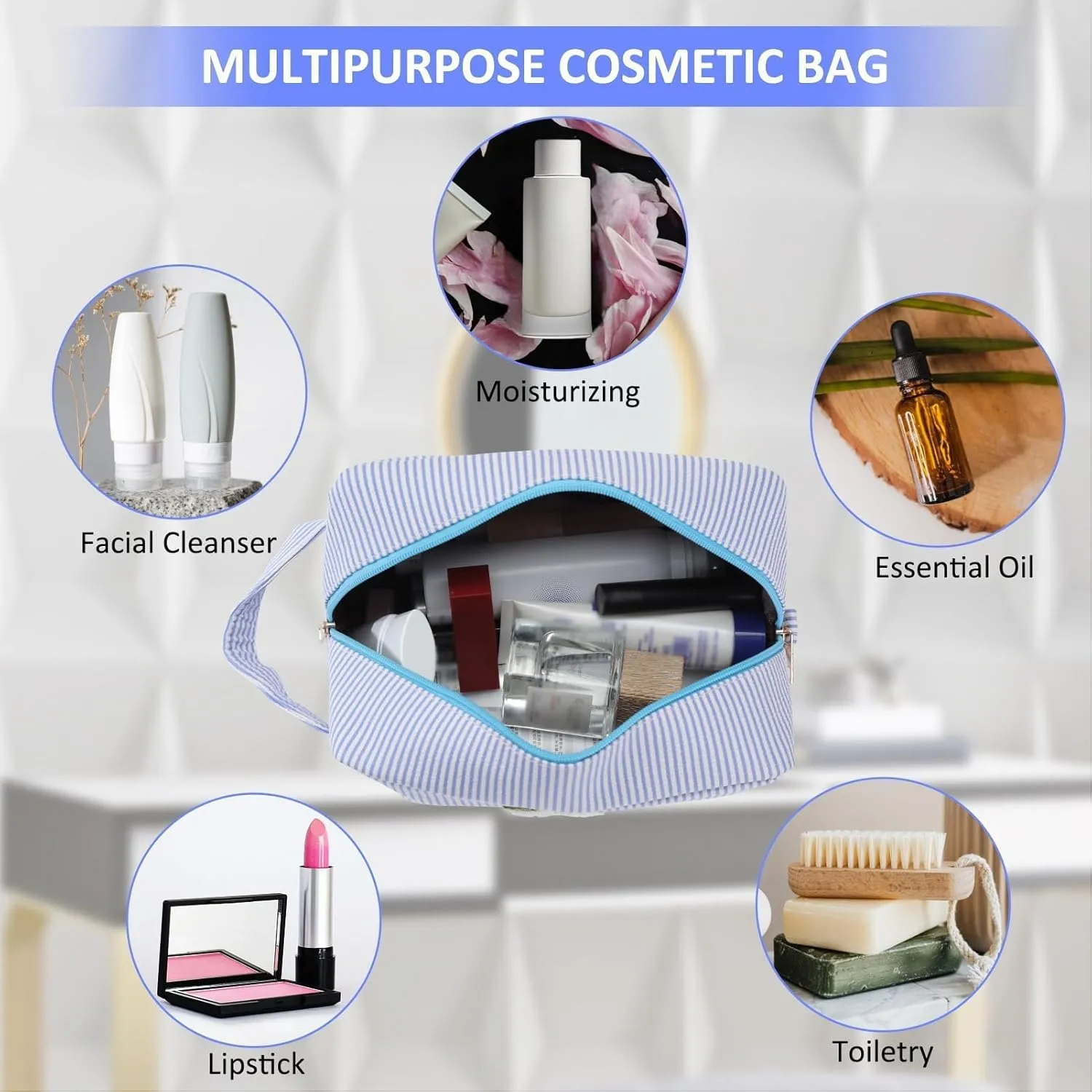 Personalized Initial Makeup Bag A-Z, Travel Toiletry Bag Preppy Make Up Bags Girls Cute Cosmetic Pouch Makeup Organizer Wedding Birthday Mothers Day Gifts for Women (Blue, K)
