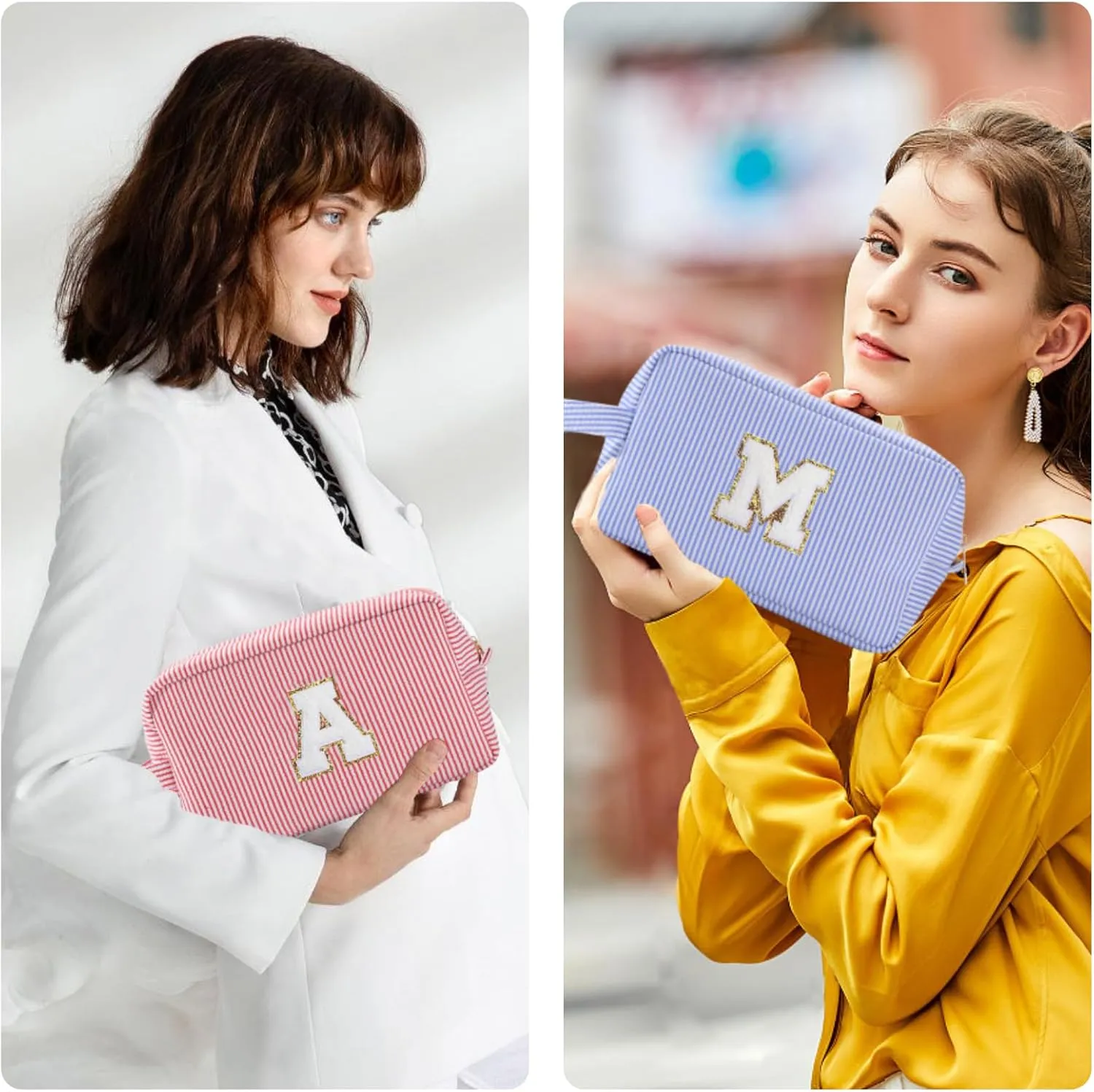 Personalized Initial Makeup Bag A-Z, Travel Toiletry Bag Preppy Make Up Bags Girls Cute Cosmetic Pouch Makeup Organizer Wedding Birthday Mothers Day Gifts for Women (Blue, K)