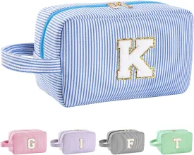 Personalized Initial Makeup Bag A-Z, Travel Toiletry Bag Preppy Make Up Bags Girls Cute Cosmetic Pouch Makeup Organizer Wedding Birthday Mothers Day Gifts for Women (Blue, K)