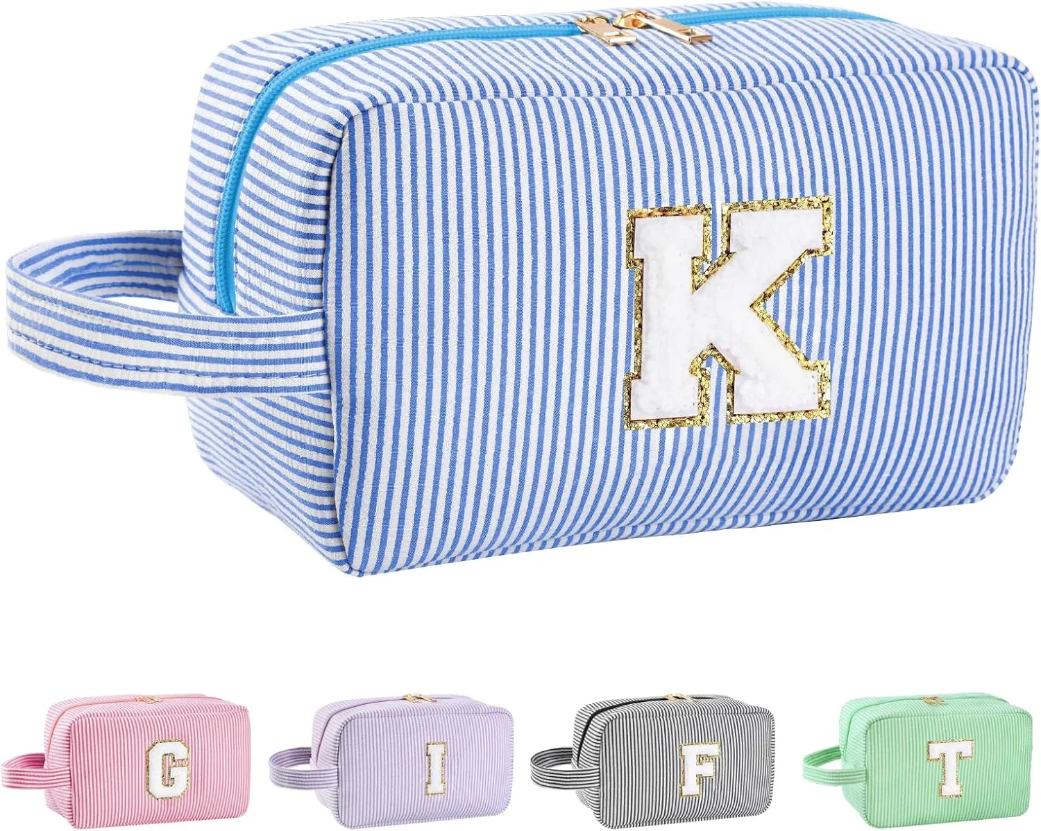 Personalized Initial Makeup Bag A-Z, Travel Toiletry Bag Preppy Make Up Bags Girls Cute Cosmetic Pouch Makeup Organizer Wedding Birthday Mothers Day Gifts for Women (Blue, K)