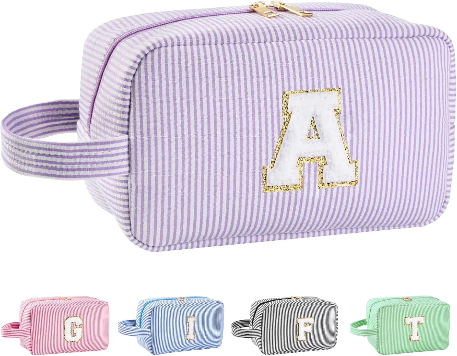 Personalized Initial Makeup Bag A-Z, Travel Toiletry Bag Preppy Make Up Bags Girls Cute Cosmetic Pouch Makeup Organizer Wedding Birthday Mothers Day Gifts for Women (Purple, A)