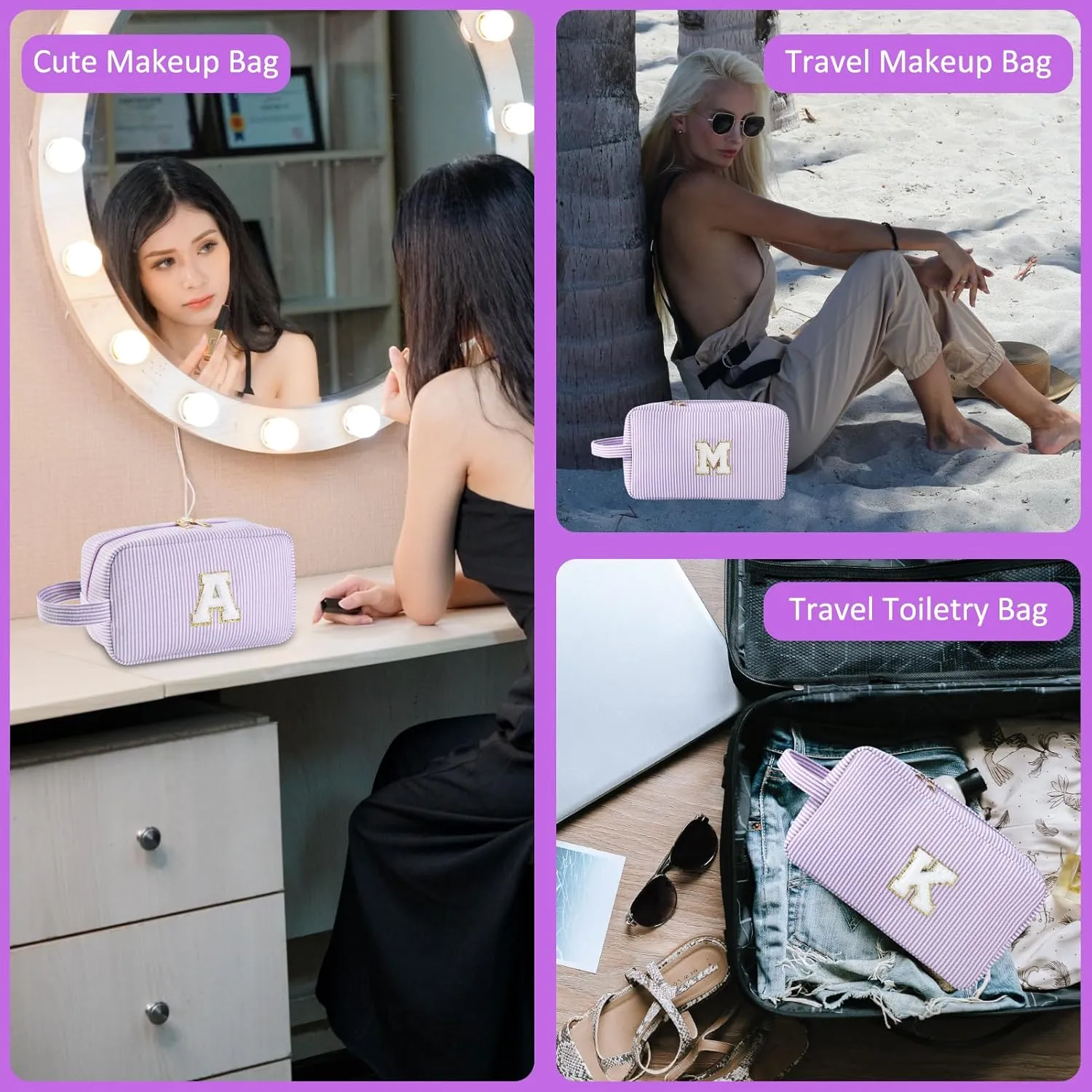 Personalized Initial Makeup Bag A-Z, Travel Toiletry Bag Preppy Make Up Bags Girls Cute Cosmetic Pouch Makeup Organizer Wedding Birthday Mothers Day Gifts for Women (Purple, A)