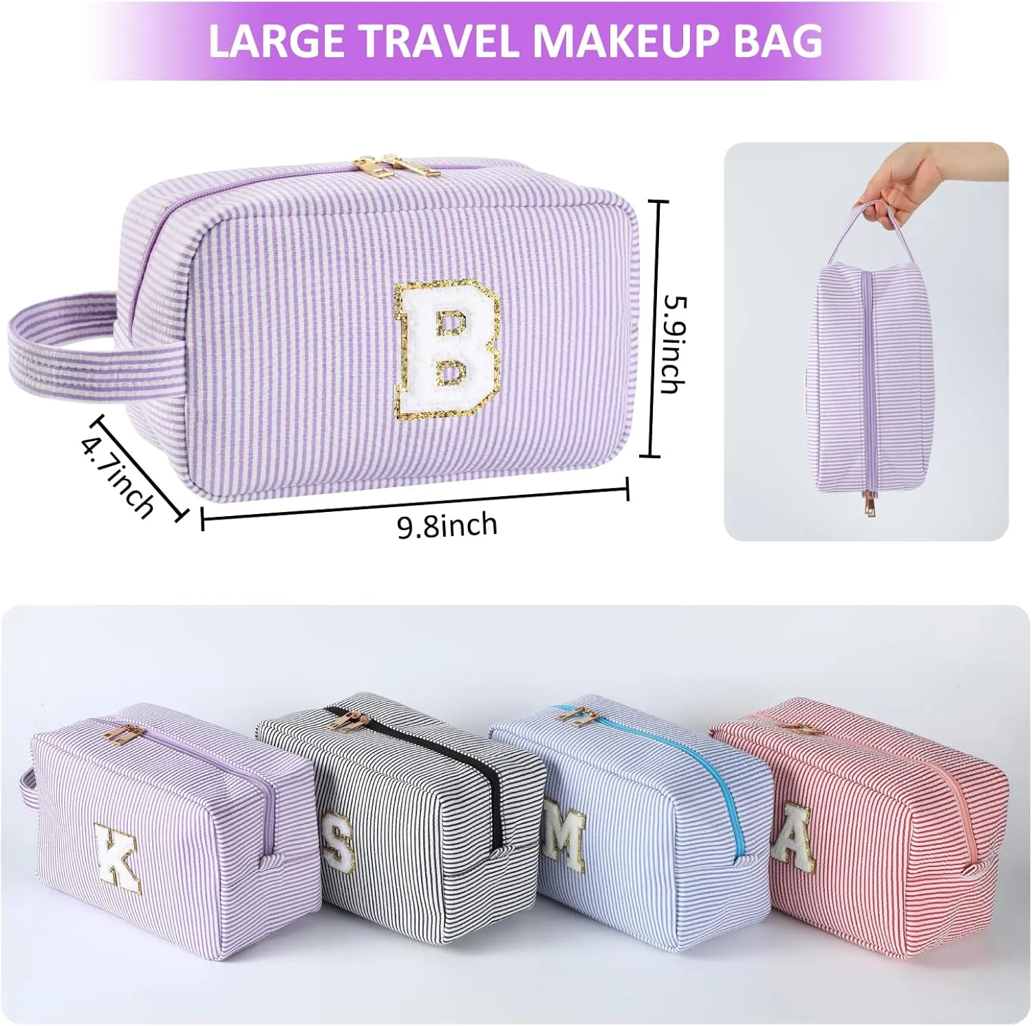 Personalized Initial Makeup Bag A-Z, Travel Toiletry Bag Preppy Make Up Bags Girls Cute Cosmetic Pouch Makeup Organizer Wedding Birthday Mothers Day Gifts for Women (Purple, A)