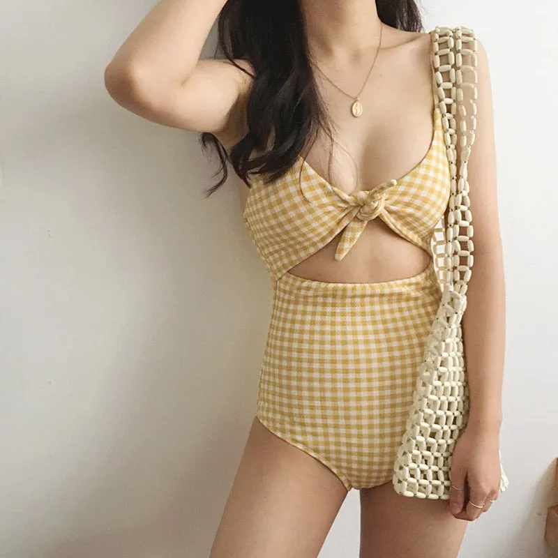 Plaid Swimsuit High Waist Triangle Swimming Suit