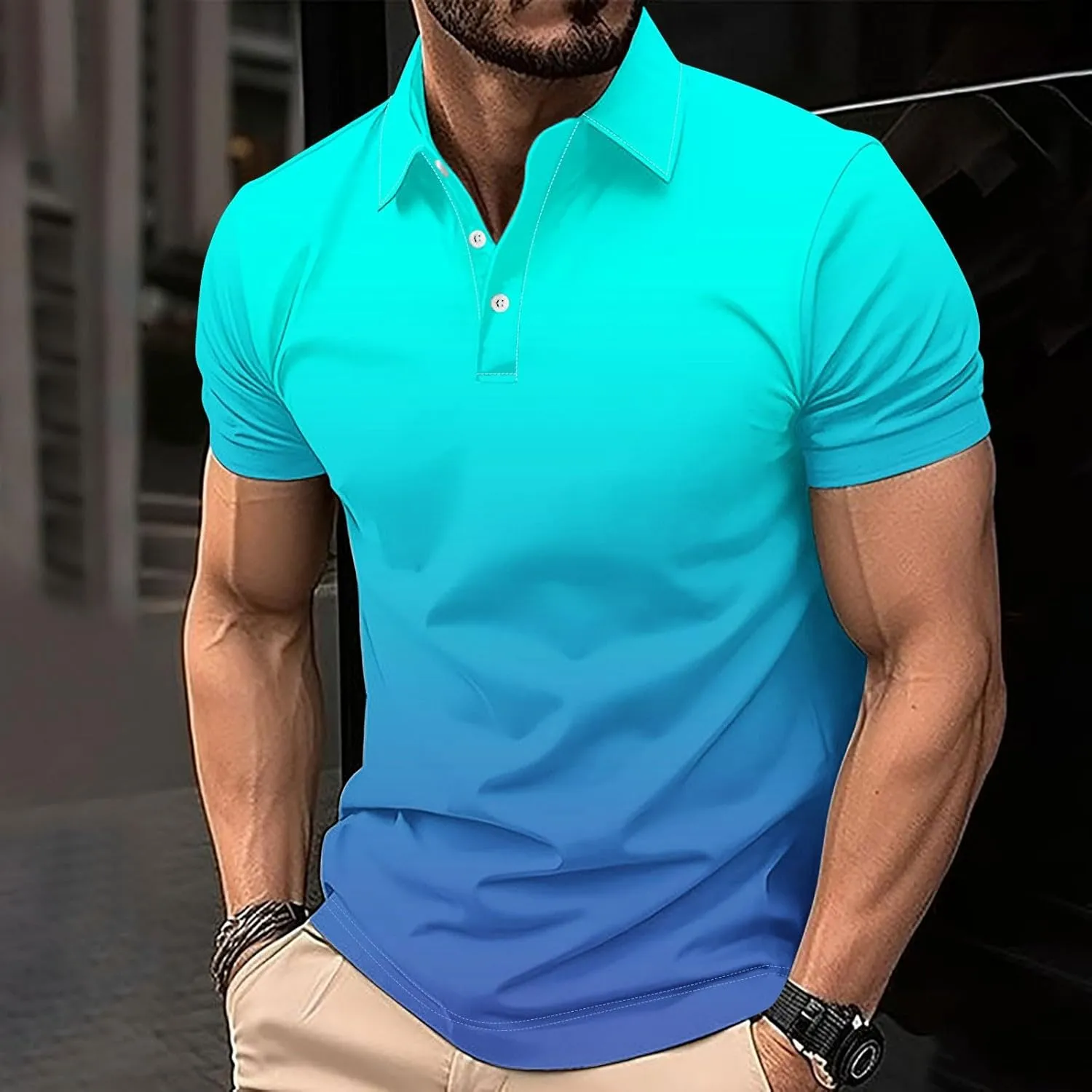 Polo Shirts for Men Short Sleeve Button Down Collar Gradient Tees Dressy Casual Business Work Tshirt Summer Golf Tops