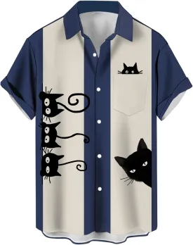 QIVICIMA Men's Retro Bowling Shirts 50s Rockabilly Style Button Down Shirts Vintage Style Camp Shirt