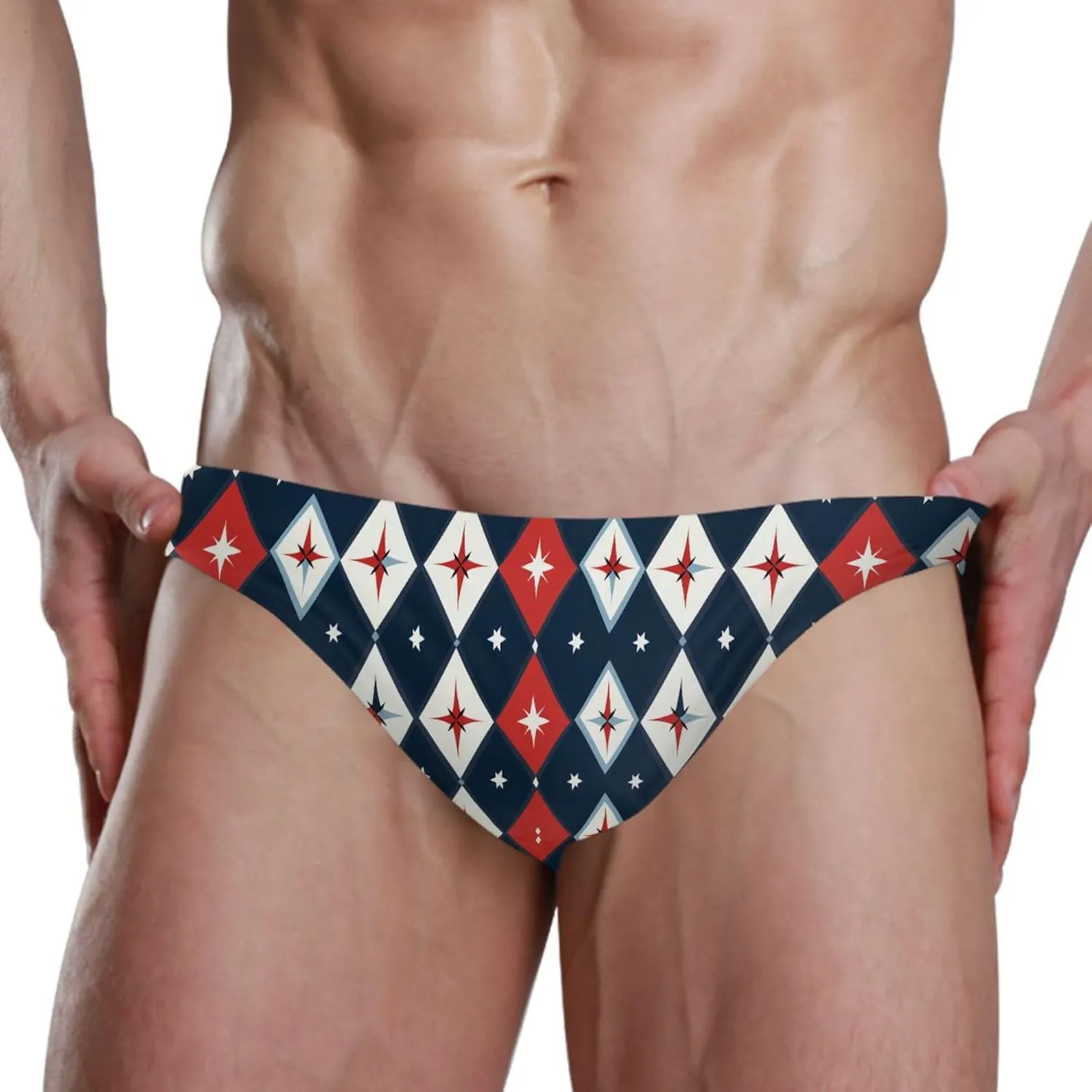 Red Blue Diamond Grid Swim Briefs for Men Swimsuit Bikini Swimwear S B0404777