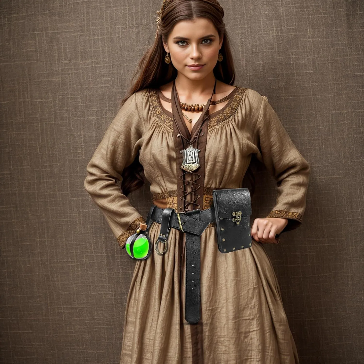Renaissance Belt Pouch Waist Bag Steampunk Pouch Medieval Leather Belt Skirt Hikes Set, Retro Renaissance Accessories for LARP Cosplay Costume Christmas Gifts (1Bottle-Black)