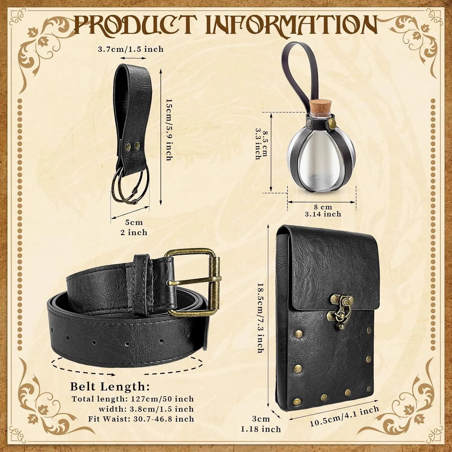 Renaissance Belt Pouch Waist Bag Steampunk Pouch Medieval Leather Belt Skirt Hikes Set, Retro Renaissance Accessories for LARP Cosplay Costume Christmas Gifts (1Bottle-Black)