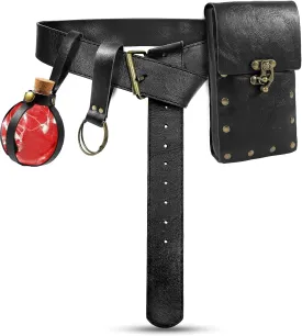 Renaissance Belt Pouch Waist Bag Steampunk Pouch Medieval Leather Belt Skirt Hikes Set, Retro Renaissance Accessories for LARP Cosplay Costume Christmas Gifts (1Bottle-Black)