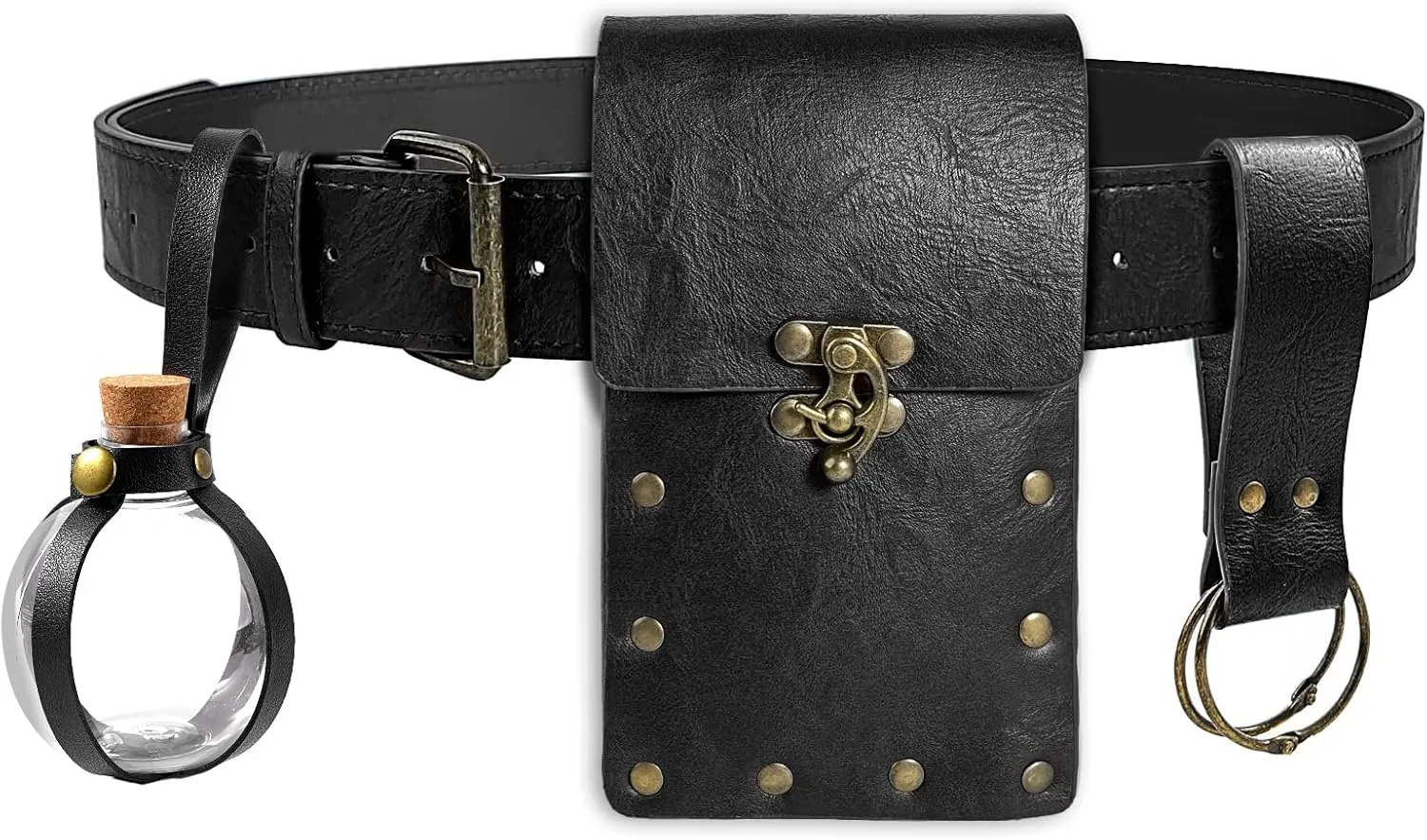 Renaissance Belt Pouch Waist Bag Steampunk Pouch Medieval Leather Belt Skirt Hikes Set, Retro Renaissance Accessories for LARP Cosplay Costume Christmas Gifts (1Bottle-Black)
