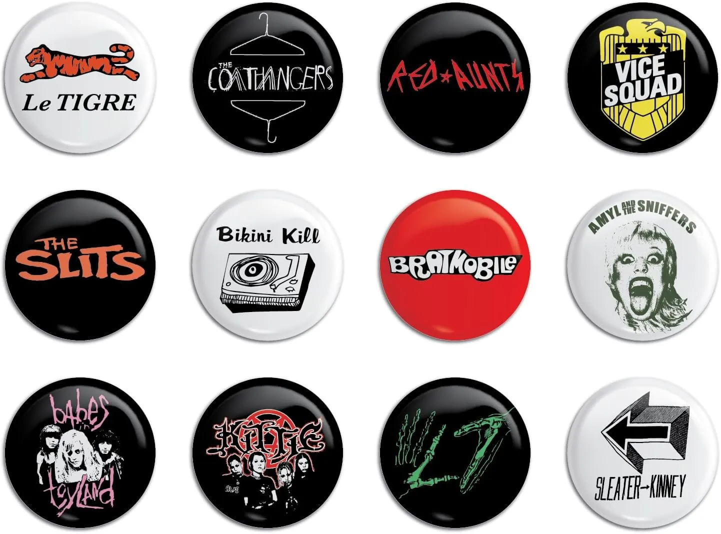 Riot Grrrl Punk Rock Band Pins/Buttons 12 pack 1 inch Amyl L Bikini Red Coat Vice Brat Sniffers 7 Kill Aunts Squad Mobile Feminist Hardcore Alternative Punk Bands