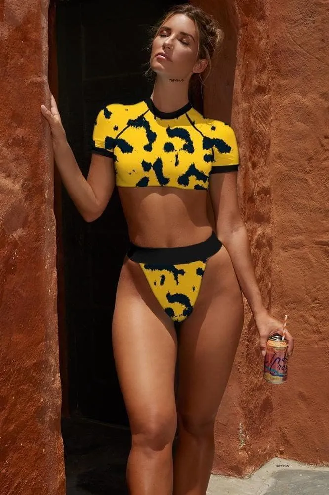 Round Neck Short Sleeve High Waist  Bikini