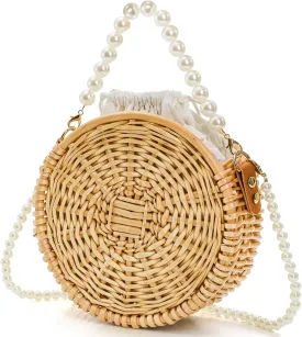 Round Rattan Bag, 8" Hand-woven Wicker Basket Purse, Boho Crossbody Handbag With Pearl Strap Handle, Retro Summer Beach Straw Tote Clutch for Women