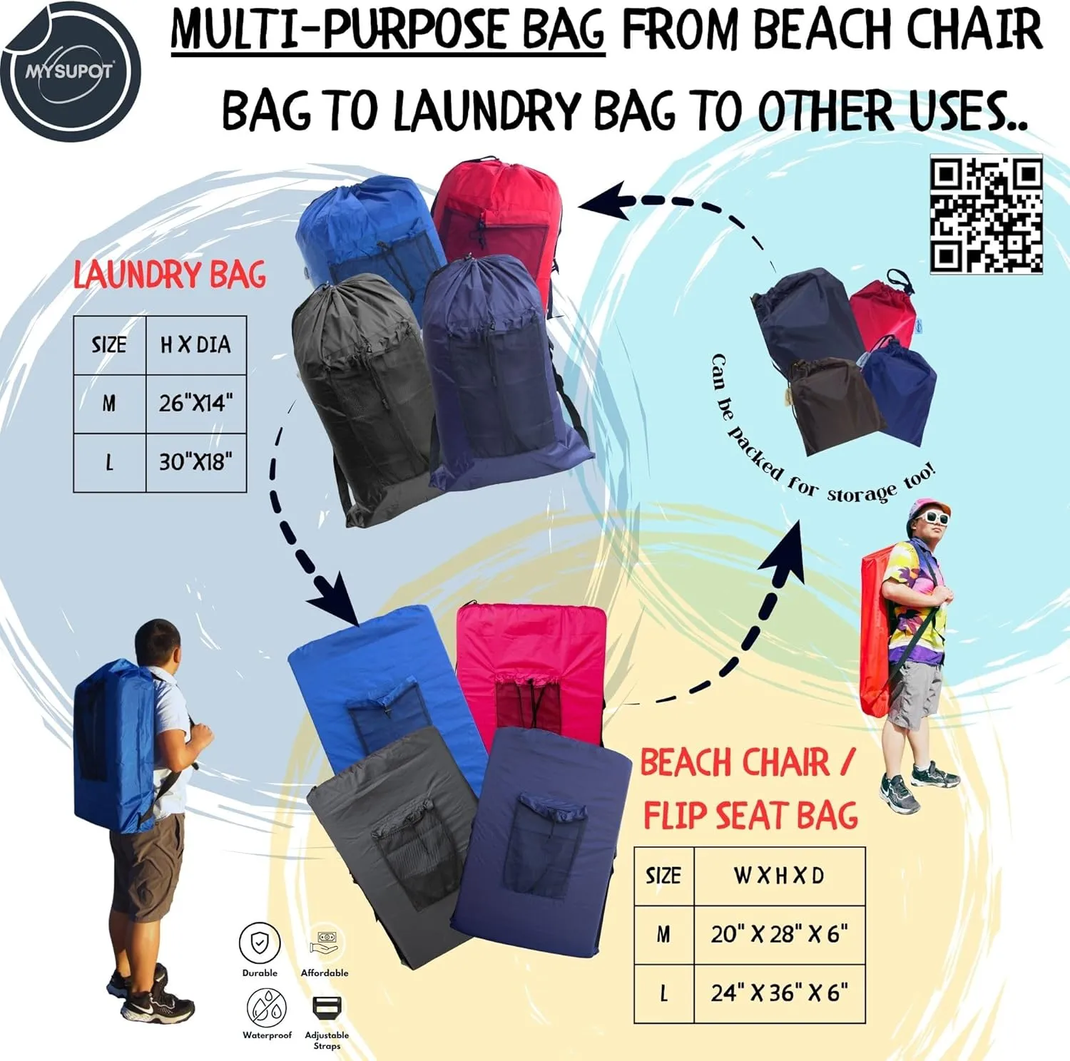 ROYAL BLUE (Large 36"x24"x6") Beach Chair Bag, Laundry Bag. For Lawn Chair, Recliner, Director Chair, Camping Chair, Booster Seat. 420D Polyester Backpack w/Adjustable Straps & Mesh Pocket