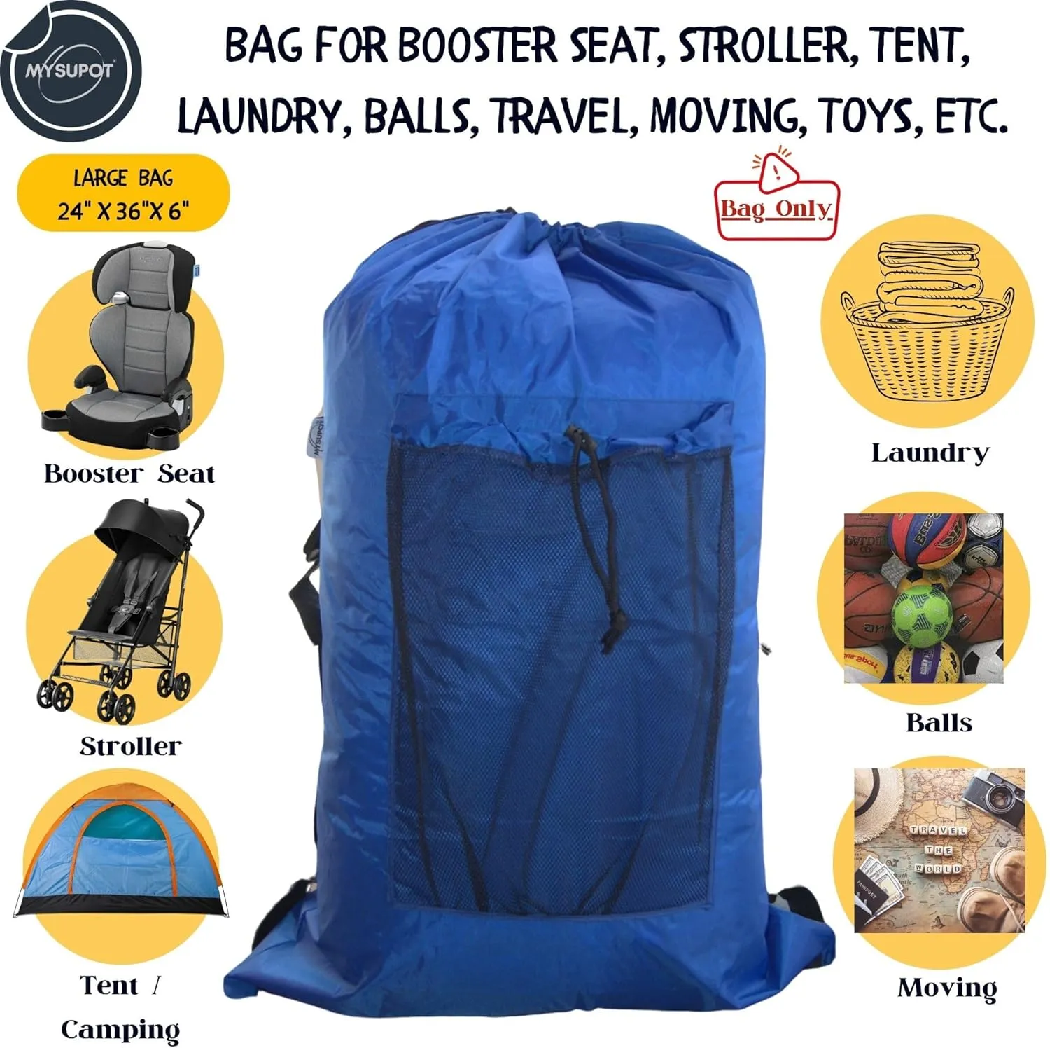 ROYAL BLUE (Large 36"x24"x6") Beach Chair Bag, Laundry Bag. For Lawn Chair, Recliner, Director Chair, Camping Chair, Booster Seat. 420D Polyester Backpack w/Adjustable Straps & Mesh Pocket