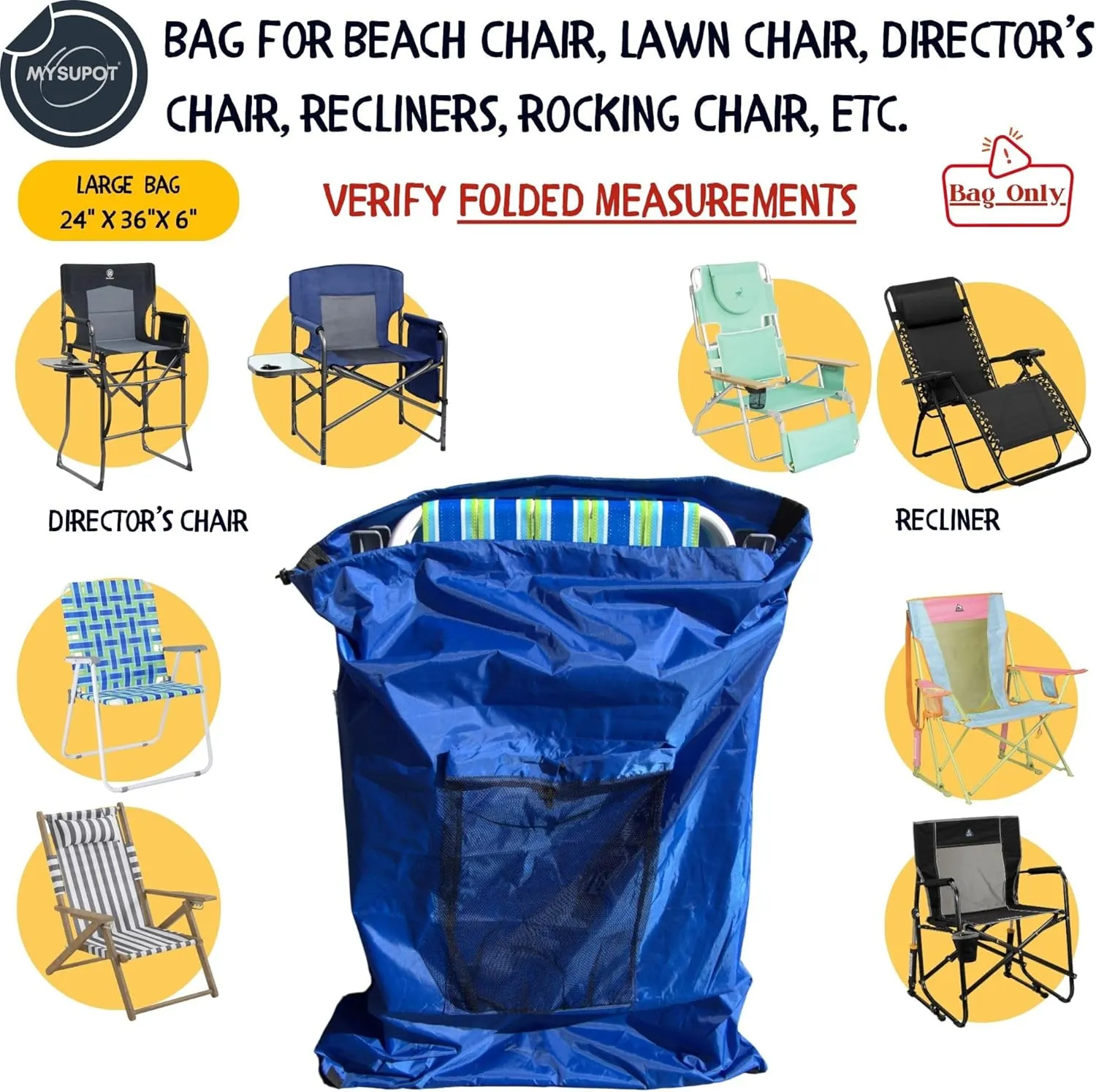 ROYAL BLUE (Large 36"x24"x6") Beach Chair Bag, Laundry Bag. For Lawn Chair, Recliner, Director Chair, Camping Chair, Booster Seat. 420D Polyester Backpack w/Adjustable Straps & Mesh Pocket