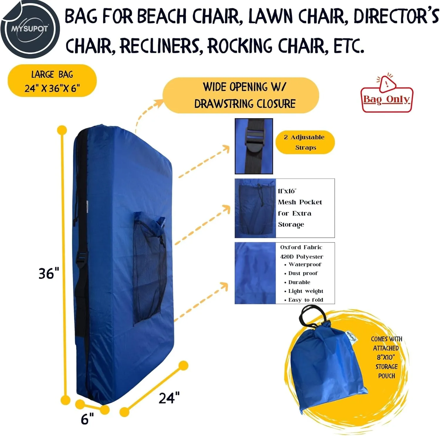 ROYAL BLUE (Large 36"x24"x6") Beach Chair Bag, Laundry Bag. For Lawn Chair, Recliner, Director Chair, Camping Chair, Booster Seat. 420D Polyester Backpack w/Adjustable Straps & Mesh Pocket