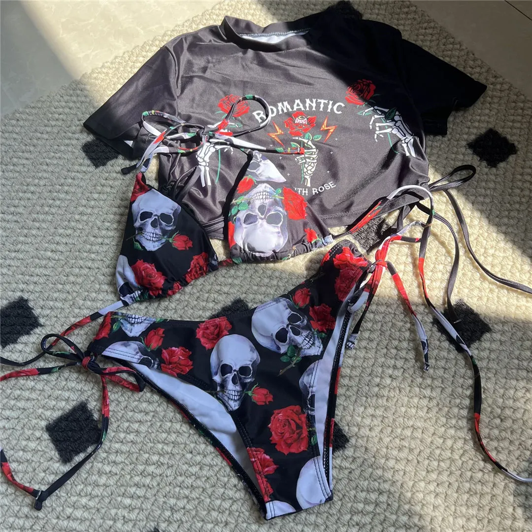 Ruth Flower Printed Halter Short Sleeve Bikini