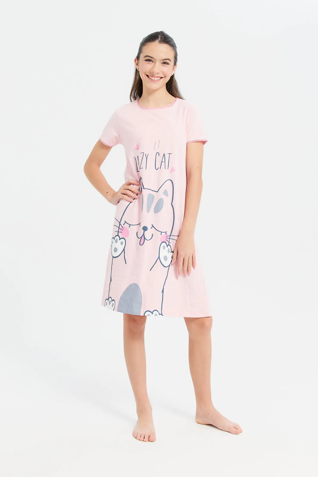 Senior Girls Pink Cat Nightdress