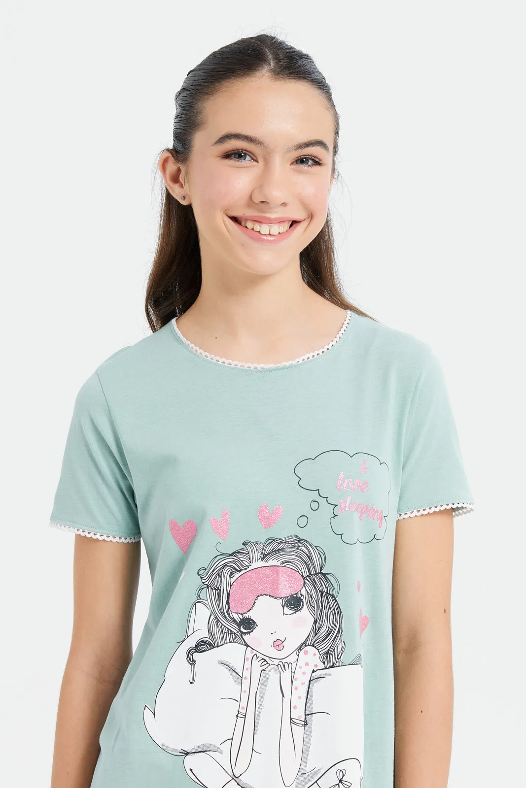 Senior Girls Printed Blue Nightdress