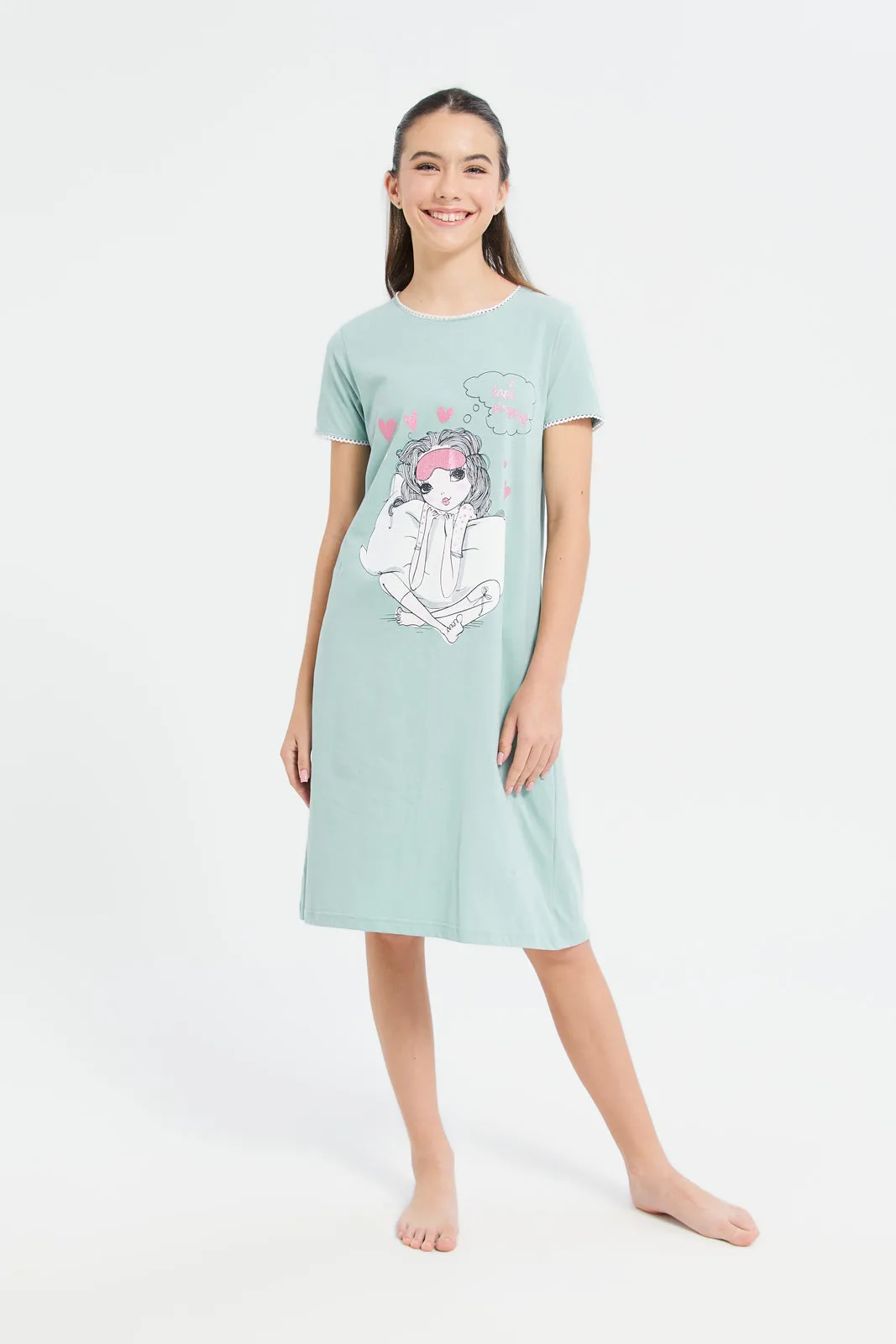 Senior Girls Printed Blue Nightdress