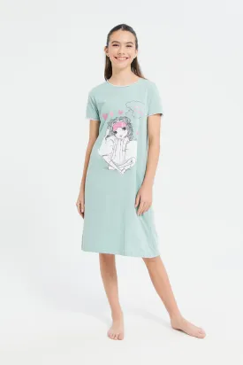 Senior Girls Printed Blue Nightdress