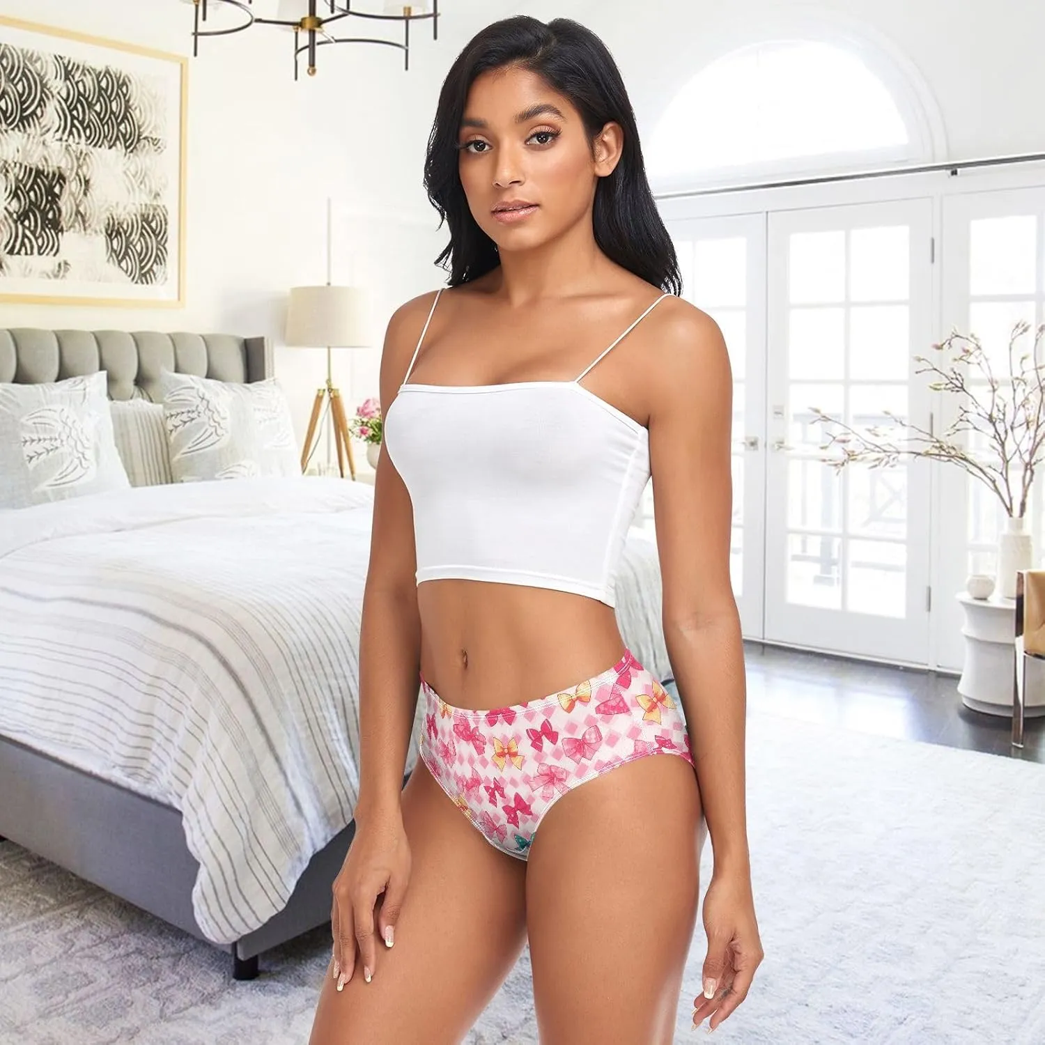 Soft Underwear Women Briefs Pink Coquette Bow Grid Breathable Ladies Hipster Panties