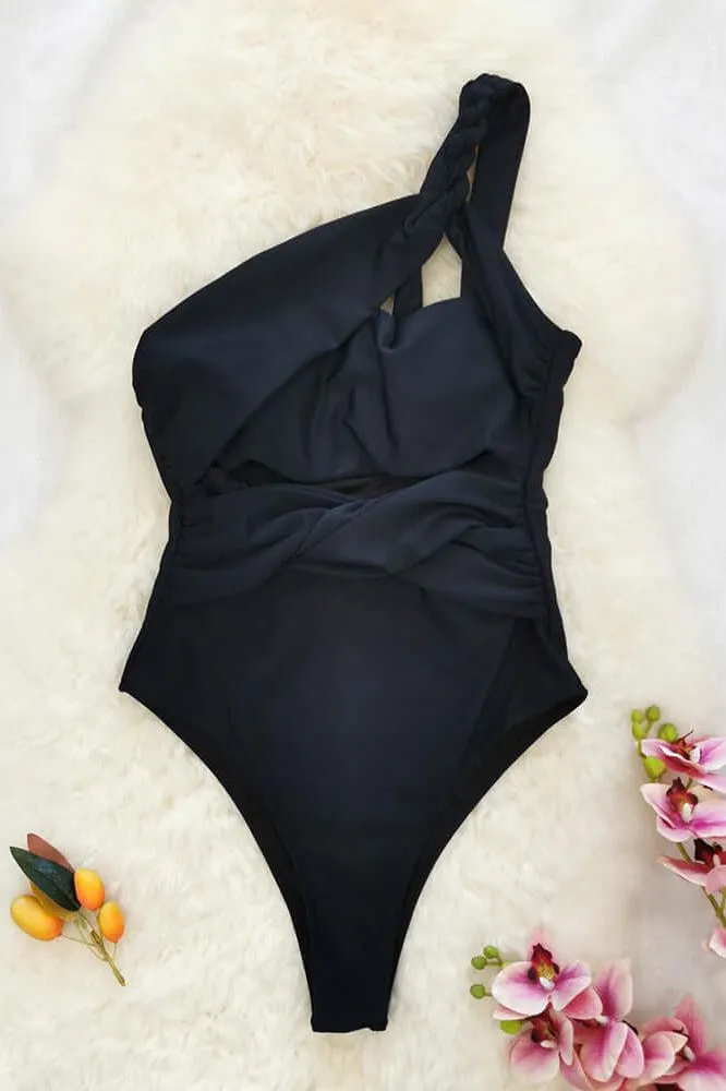 strap hollow high waist  black swimsuit