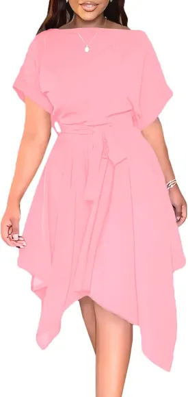 Umenlele Women’s Casual Short Sleeve Tie Waist Asymmetric Hem Swing Summer A Line Midi Dress
