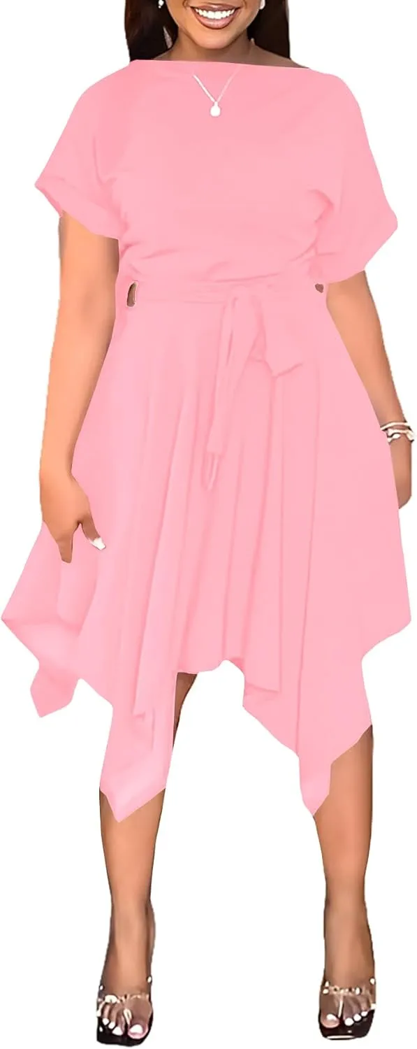 Umenlele Women’s Casual Short Sleeve Tie Waist Asymmetric Hem Swing Summer A Line Midi Dress
