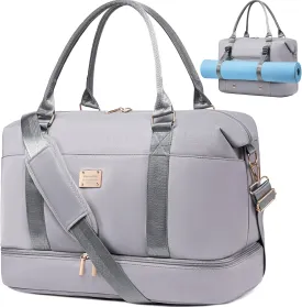 Weiatas Travel Duffel - Weekender Overnight Bag for Women, Sport Gym Carry On Tote with Shoe Compartment, Wet Pocket, Luggage Strap & Yoga Mat Strap (Grey)