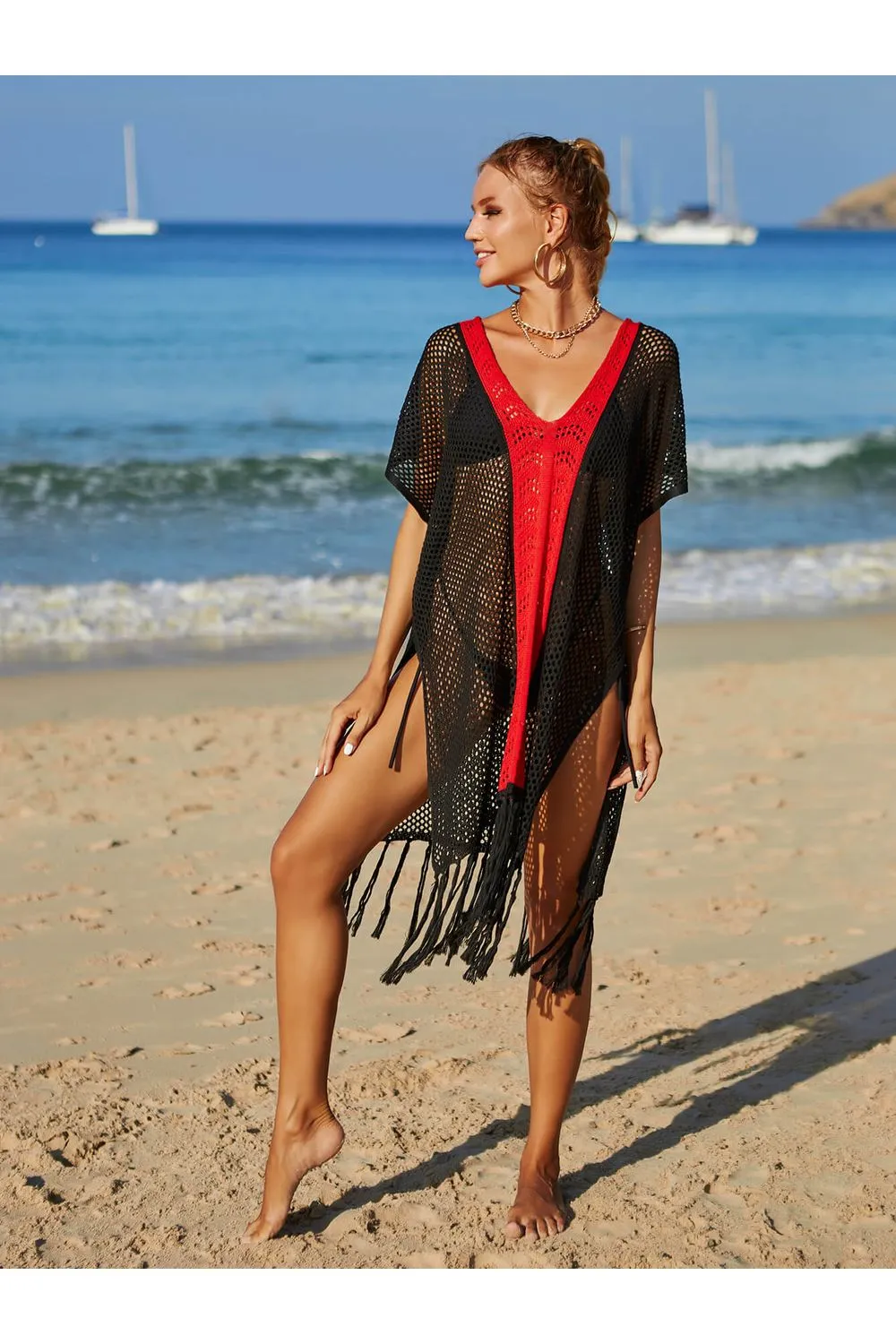 Women Contrast Fringe Trim Openwork Cover-Up Dress