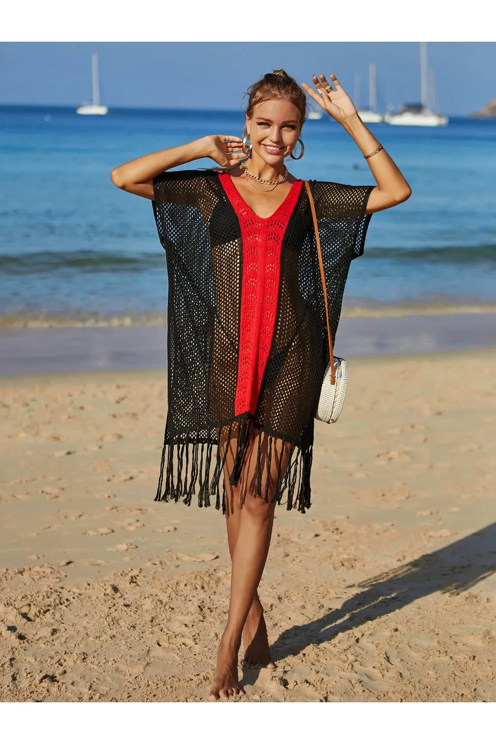 Women Contrast Fringe Trim Openwork Cover-Up Dress