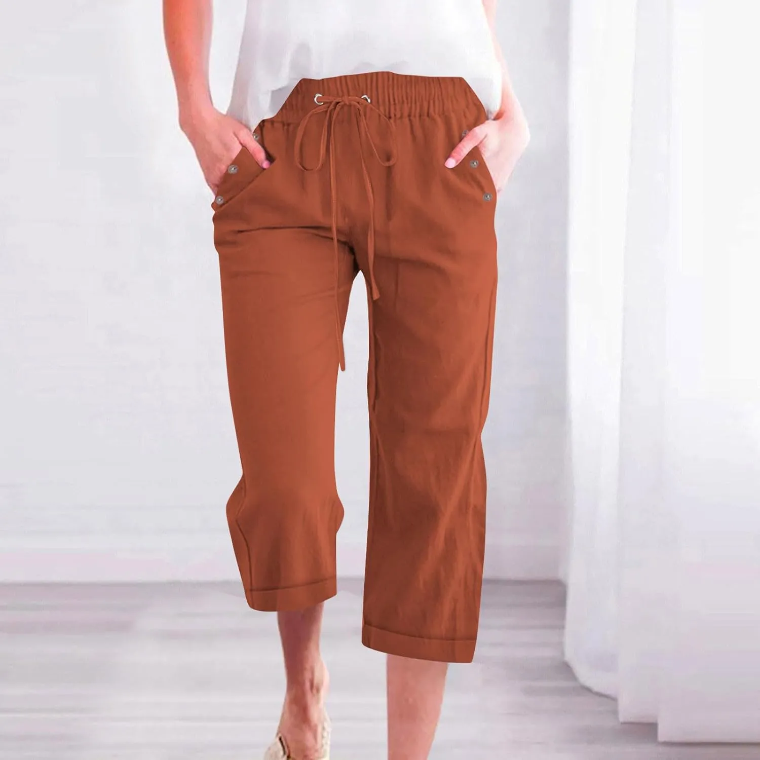 Women Summer Linen Capri Pants Casual Trendy Wide Leg Capris Comfy Cotton-Linen Drawstring Cropped Pant with Pocket