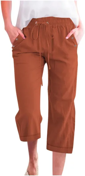 Women Summer Linen Capri Pants Casual Trendy Wide Leg Capris Comfy Cotton-Linen Drawstring Cropped Pant with Pocket