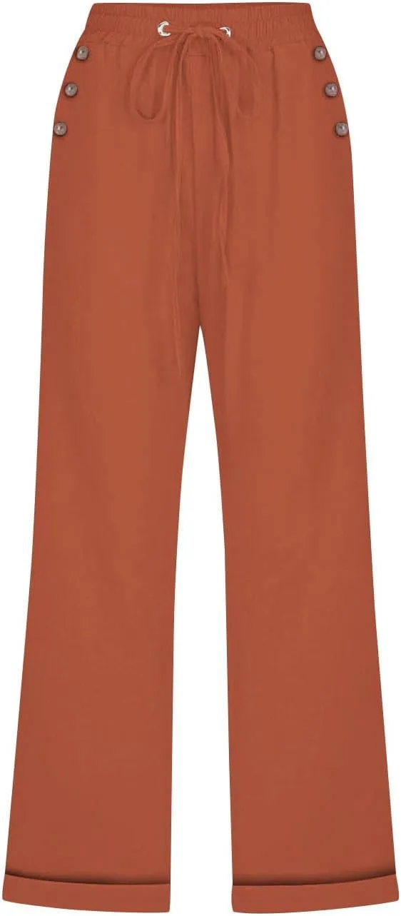 Women Summer Linen Capri Pants Casual Trendy Wide Leg Capris Comfy Cotton-Linen Drawstring Cropped Pant with Pocket