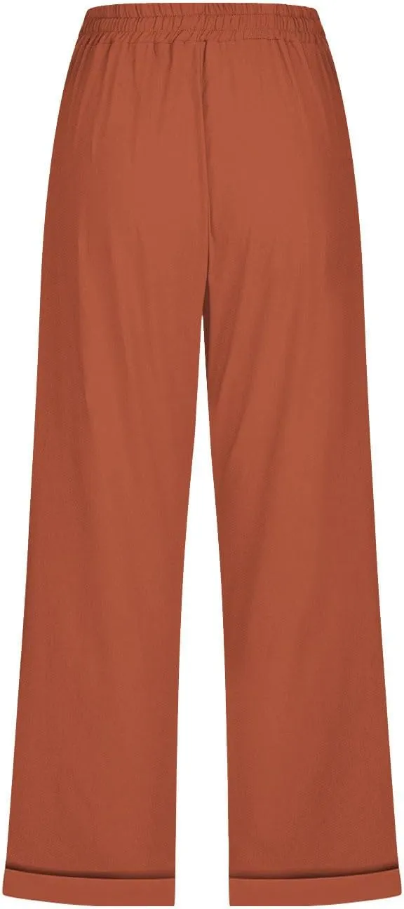 Women Summer Linen Capri Pants Casual Trendy Wide Leg Capris Comfy Cotton-Linen Drawstring Cropped Pant with Pocket