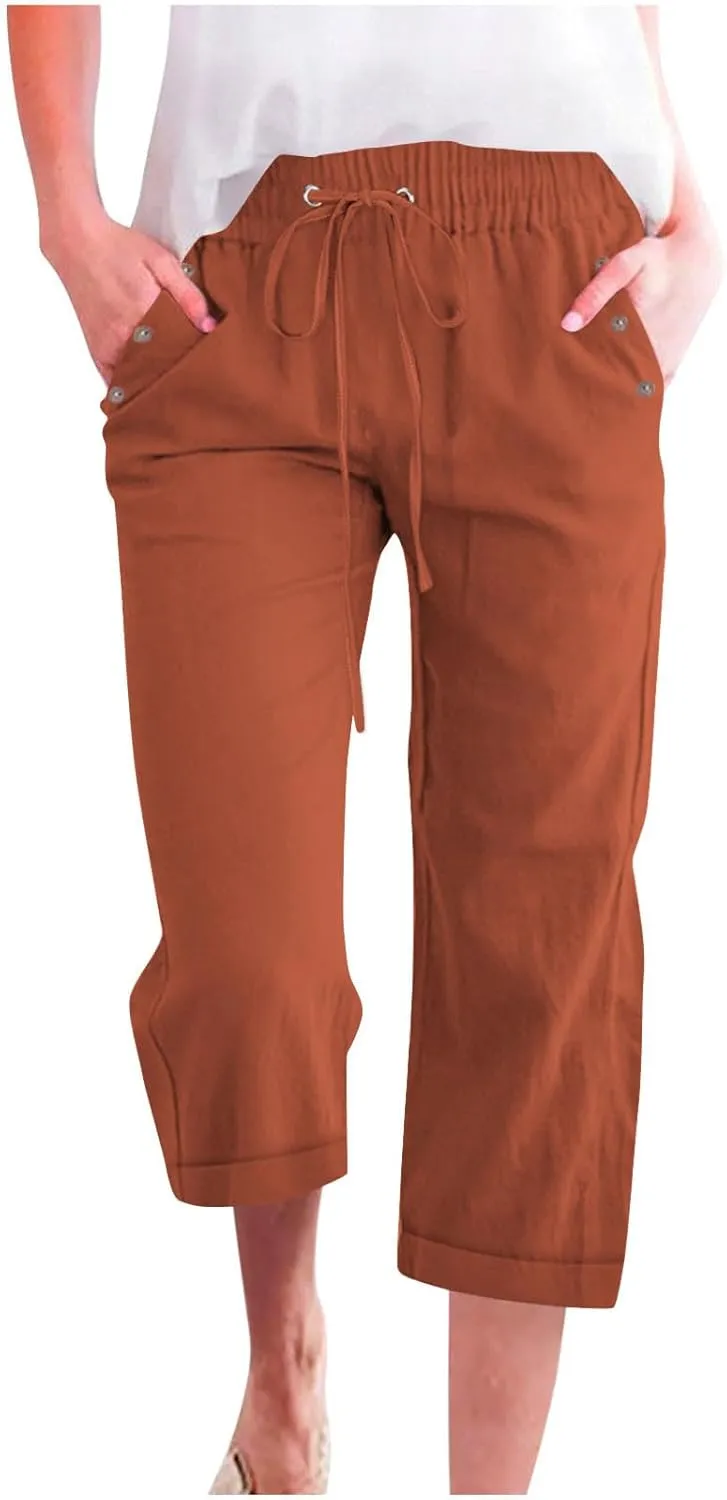 Women Summer Linen Capri Pants Casual Trendy Wide Leg Capris Comfy Cotton-Linen Drawstring Cropped Pant with Pocket